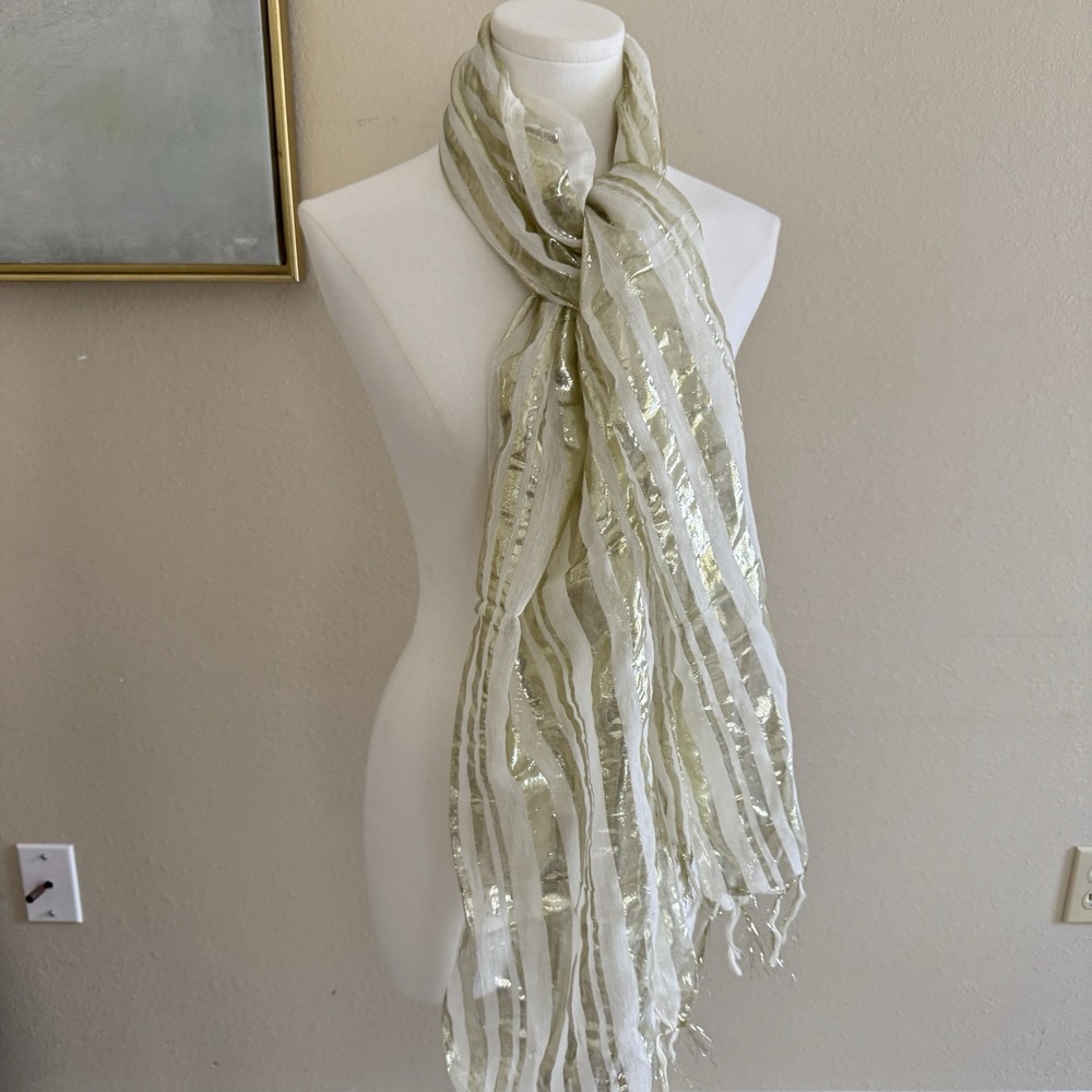 Boho Scarf Wrap Gold Metallic Stripe Cotton Fringe Festival Hippie India‎ New